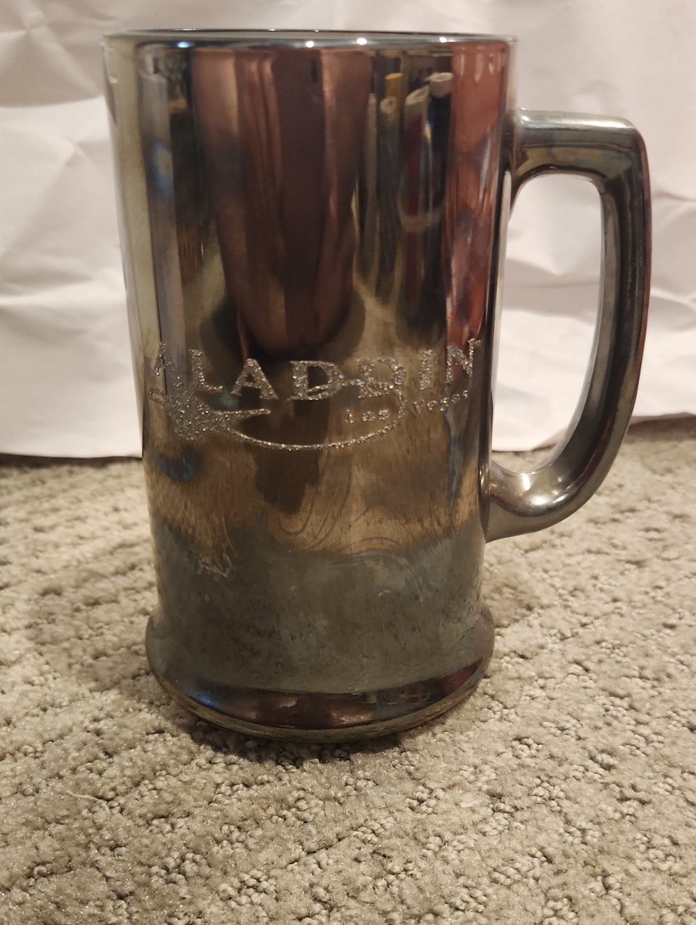 Vintage Aladdin restaurant-ware glass mug metallic smoke or chrome finish